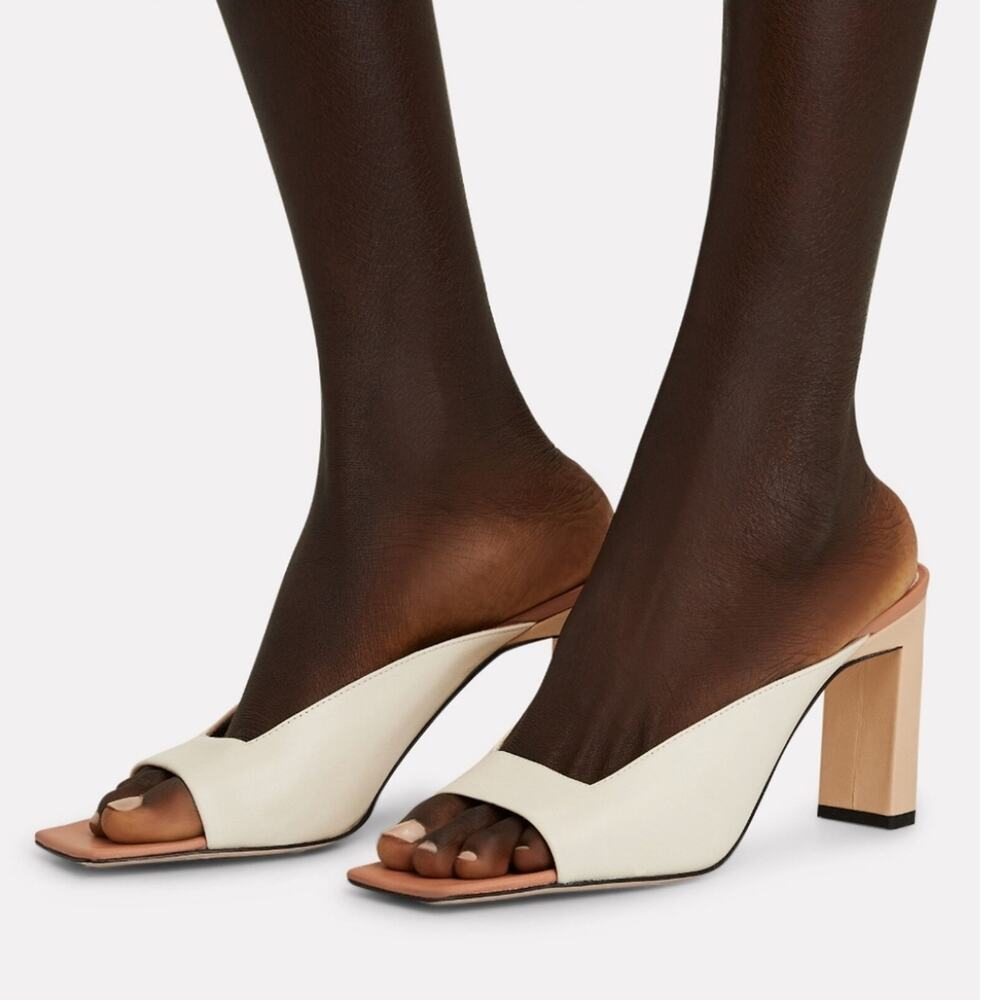 Wandler Neutral Leather Open Square Toe Sculpted 3.3" Block Heel Sandals 6M